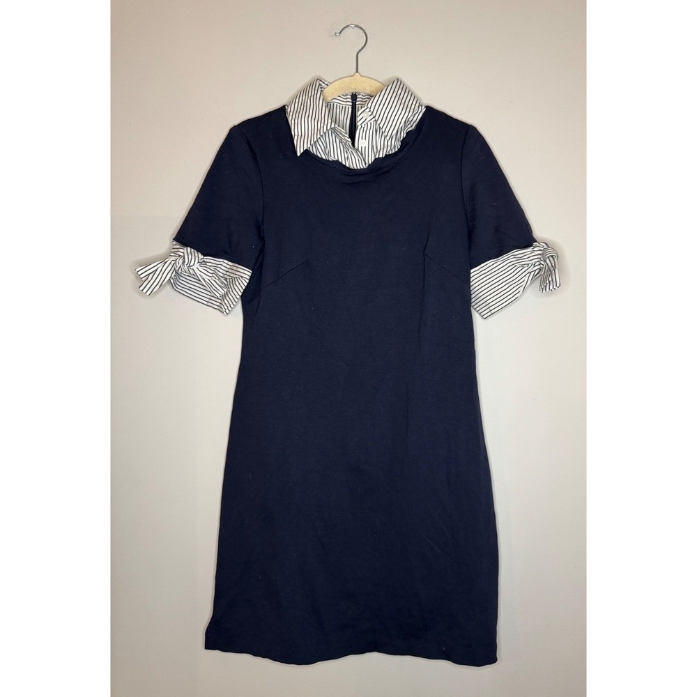 1901 Nordstrom Navy Blue Striped Collar Tie Sleeve Sheath Dress Size 6